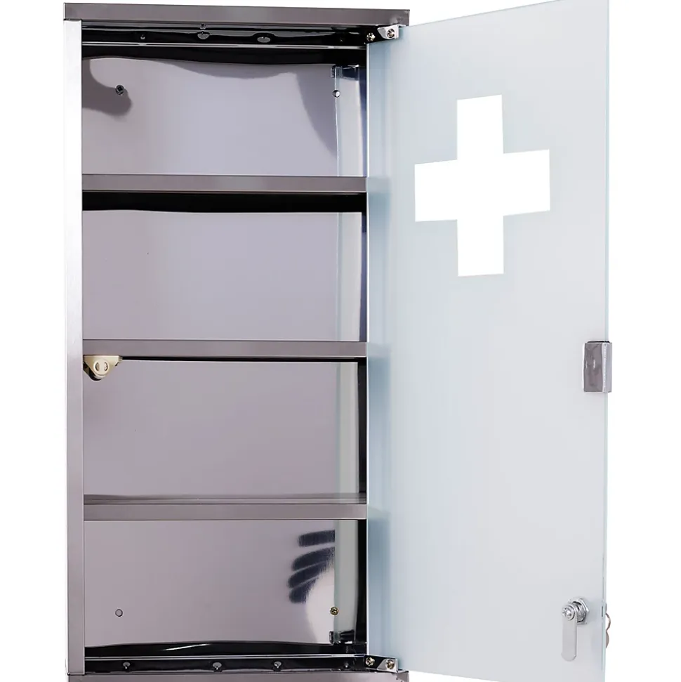 Armoire à pharmacie 3 étagères 4 niveaux 30L x 12l x 60H cm porte verre trempé symbole croix acier inoxydable brossé