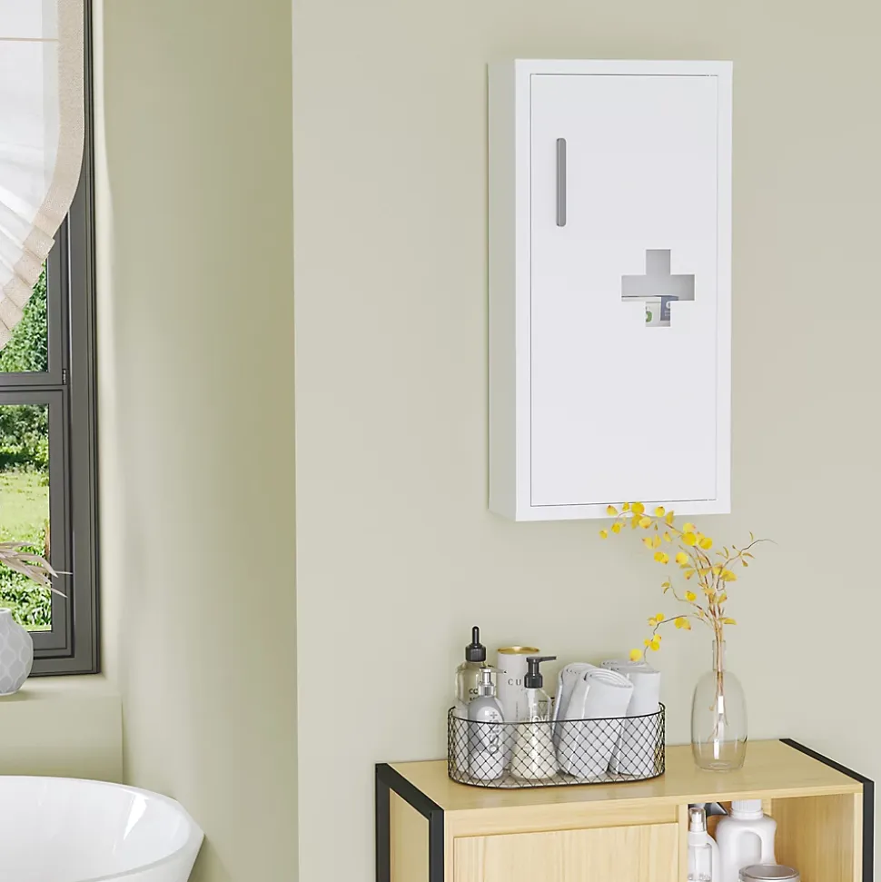 Armoire à pharmacie 2 étagères 3 niveaux dim. 30L x 12l x 60H cm logo croix transparent acier blanc