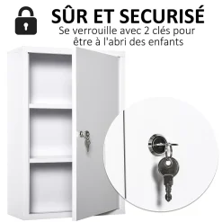 Armoire à pharmacie 2 étagères 3 niveaux verrouillable dim. 40L x 18l x 60H cm 2 clés métal blanc