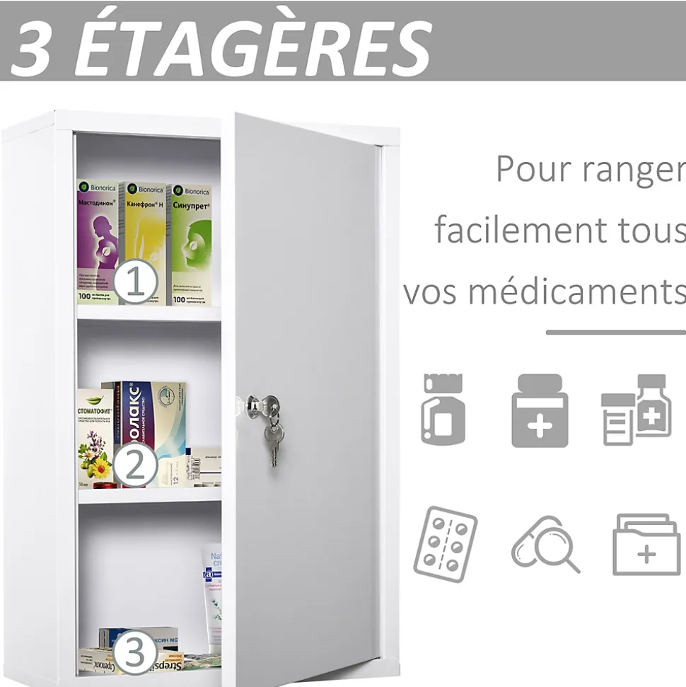 Armoire à pharmacie 2 étagères 3 niveaux verrouillable dim. 40L x 18l x 60H cm 2 clés métal blanc