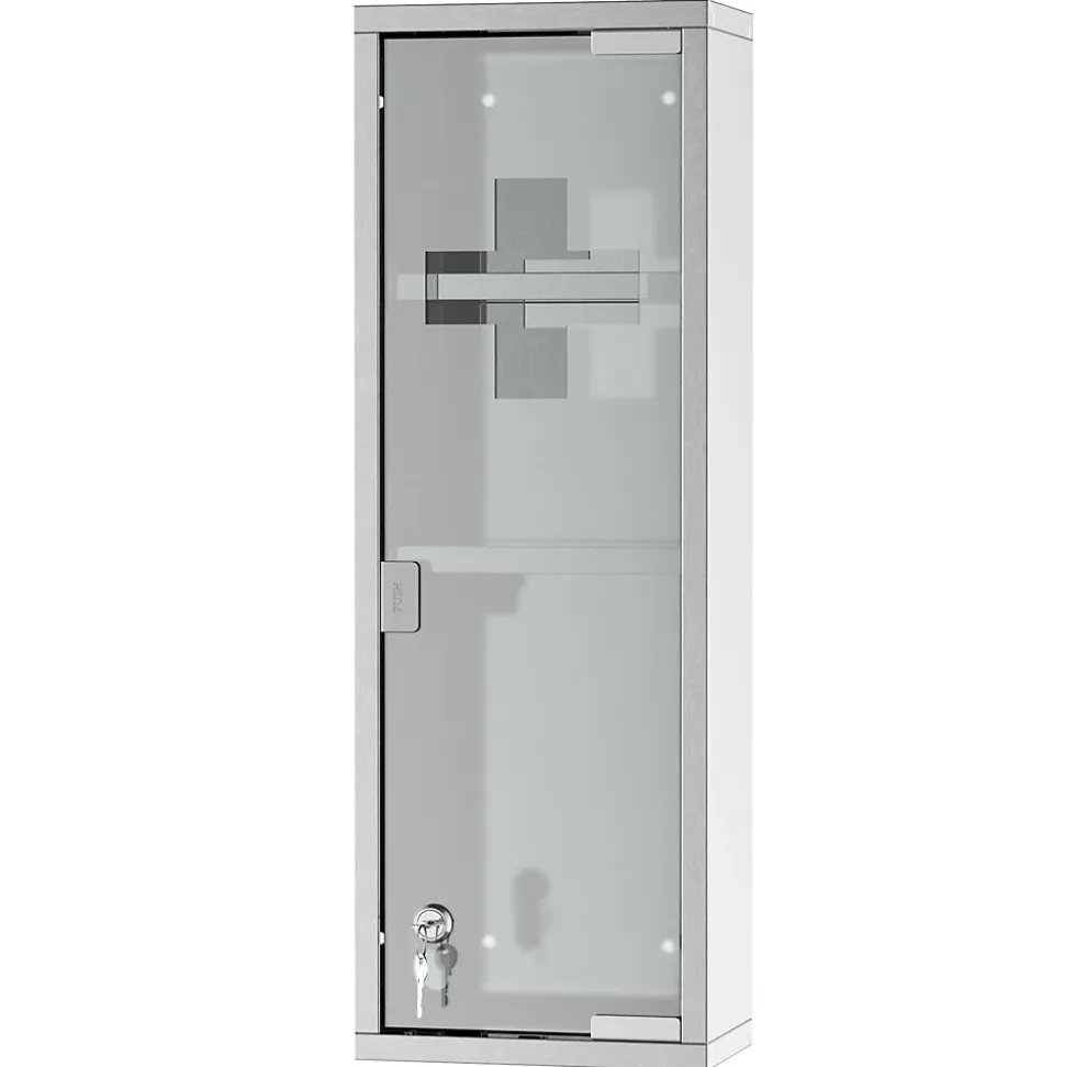 Armoire à pharmacie 2 étagères 3 niveaux 20L x 12l x 58H cm porte verre trempé symbole croix acier inox.