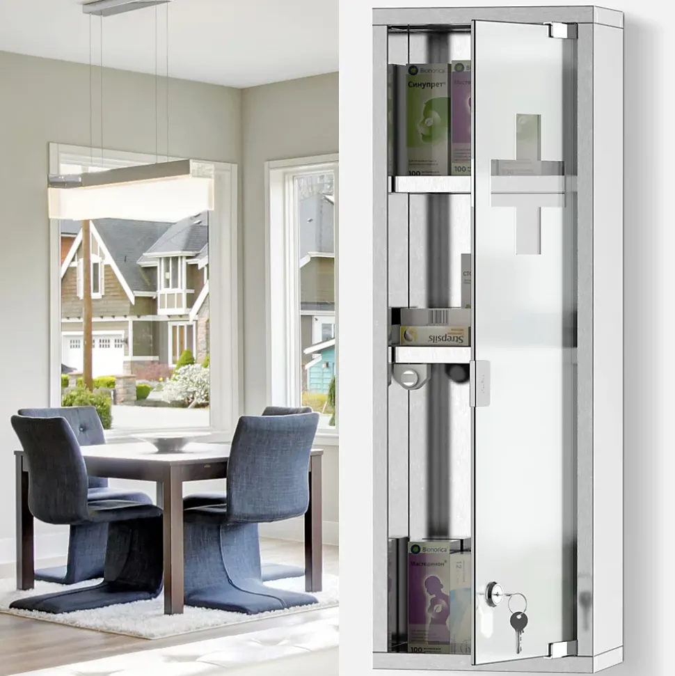 Armoire à pharmacie 2 étagères 3 niveaux 20L x 12l x 58H cm porte verre trempé symbole croix acier inox.
