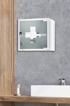 Armoire à pharmacie L.30 x H.30 x P.15 cm, acier + porte verre sablé, blanc, MPGlass Siena