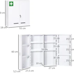 Armoire à pharmacie murale verrouillable 2 portes 6 étagères 6 compartiments dim. 55 x 18 x 60 cm acier blanc