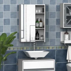 Armoire avec miroir en bois rangement salle de bain fermeture porte tampon MDF blanc