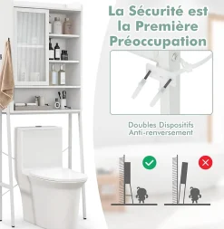Armoire de Rangement Au-Dessus Toilettes Porte Coulissante Etagere Reglables Meuble WC Autoportant Cadre en Metal Blanc