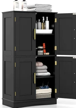 Armoire de Rangement de Salle de Bain, Armoire sur Sol avec 4 Portes, 2 Étagères Réglables et Détachables,60 x 30 x 110 CM (Noir)