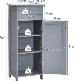 Armoire de Rangement pour Salle de Bain Meuble de Toilette sur Pied en MDF avec Tiroir et 2 Etagere Reglable a Hauteurs