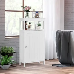 Armoire de Rangement Salle de Bain, Etagere avec Compartiment et Casier, 2 Etageres a Hauteur Reglable, 45x30x84cm (Blanc)