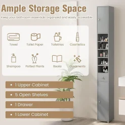 Armoire de Salle de Bain Haut avec 2 Portes 1 Tiroir 5 Etageres Reglables Dispositif Anti-basculement Meuble Colonne Rangement