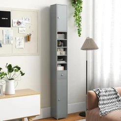 Armoire de Salle de Bain Haut avec 2 Portes 1 Tiroir 5 Etageres Reglables Dispositif Anti-basculement Meuble Colonne Rangement