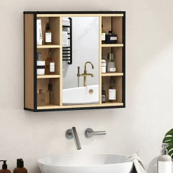 Armoire de salle de bain avec miroir, 6 compartiments ouverts, étagère à 3 niveaux, fixation murale, chêne