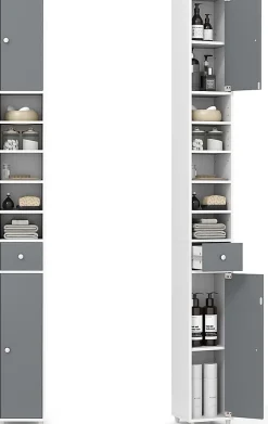 Armoire de Salle de Bain Haut, avec 2 Portes,1 Tiroir, 5 Étagères,Anti-basculement, pour Petits Espaces,20x20x180cm (Blanc+Gris)