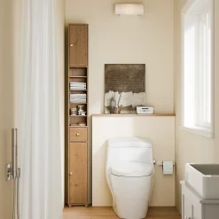 Armoire de Salle de Bain Étroite avec Tiroir et Étagères Réglables en Bois