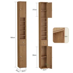 Armoire de Salle de Bain Étroite avec Tiroir et Étagères Réglables en Bois