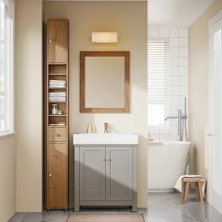 Armoire de Salle de Bain Étroite avec Tiroir et Étagères Réglables en Bois
