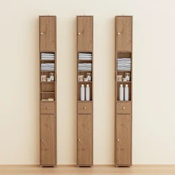 Armoire de Salle de Bain Étroite avec Tiroir et Étagères Réglables en Bois