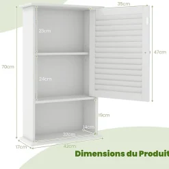 Armoire de Salle de Bain Mural Etagere Reglable en Hauteur Blanc