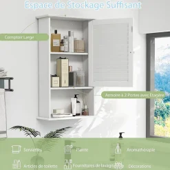 Armoire de Salle de Bain Mural Etagere Reglable en Hauteur Blanc