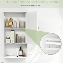 Armoire de Salle de Bain Mural Etagere Reglable en Hauteur Blanc