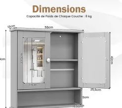Armoire de Salle de Bain Murale avec Miroir 56 x 13 x 58 CM Gris Foncé