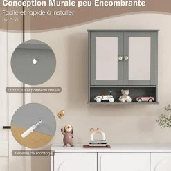 Armoire de Salle de Bain Murale avec Miroir 56 x 13 x 58 CM Gris Foncé