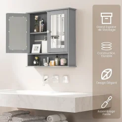 Armoire de Salle de Bain Murale avec Miroir 56 x 13 x 58 CM Gris Foncé