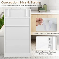 Armoire de Salle de Bain avec Etagere Reglable Meuble de Rangement sur Pieds avec Tiroirs et Portes Blanc
