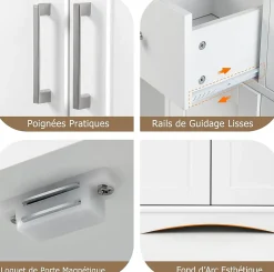 Armoire de Salle de Bain avec Etagere Reglable Meuble de Rangement sur Pieds avec Tiroirs et Portes Blanc