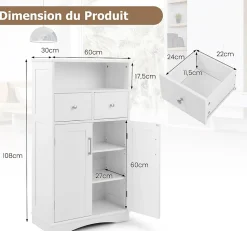 Armoire de Salle de Bain avec Etagere Reglable Meuble de Rangement sur Pieds avec Tiroirs et Portes Blanc