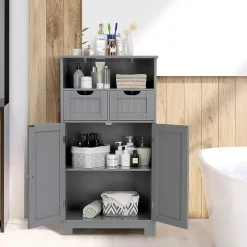 Armoire de Salle de Bain sur Pied avec Planche Mobile et 2 Tiroirs Reglables 60 X 30 X 109CM