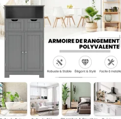 Armoire de Salle de Bain sur Pied avec Planche Mobile et 2 Tiroirs Reglables 60 X 30 X 109CM