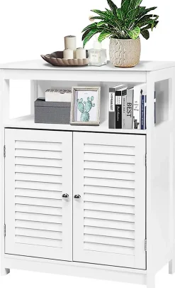 Armoire de Salle de Bains Meuble de Rangement sur Pieds Armoire en MDF avec 2 Portes a Volets et Etagere Reglable