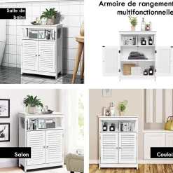 Armoire de Salle de Bains Meuble de Rangement sur Pieds Armoire en MDF avec 2 Portes a Volets et Etagere Reglable