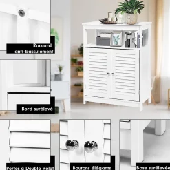 Armoire de Salle de Bains Meuble de Rangement sur Pieds Armoire en MDF avec 2 Portes a Volets et Etagere Reglable