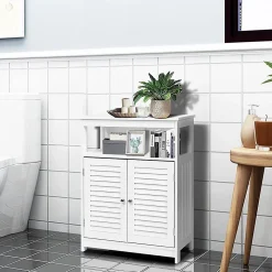 Armoire de Salle de Bains Meuble de Rangement sur Pieds Armoire en MDF avec 2 Portes a Volets et Etagere Reglable