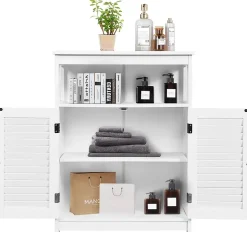 Armoire de Salle de Bains Meuble de Rangement sur Pieds Armoire en MDF avec 2 Portes a Volets et Etagere Reglable