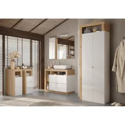 Armoire de salle de bains, 2 portes, collection BURA. Coloris blanc brillant laqué et chene clair