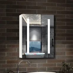 Armoire de toilette avec Miroir LED Anti-Buée, Éclairage 3 Couleurs et Prise Rasoir, Blanc, 50x70 cm, AICA Sanitaire