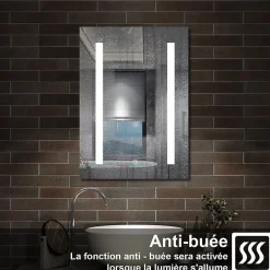 Armoire de toilette avec Miroir LED Anti-Buée, Éclairage 3 Couleurs et Prise Rasoir, Chêne, 40x70 cm, AICA Sanitaire