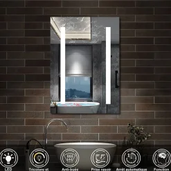 Armoire de toilette avec Miroir LED Anti-Buée, Éclairage 3 Couleurs et Prise Rasoir, Anthracite, 50x70 cm, AICA Sanitaire