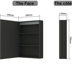 Armoire de toilette avec Miroir LED Anti-Buée, Éclairage 3 Couleurs et Prise Rasoir, Anthracite, 50x70 cm, AICA Sanitaire