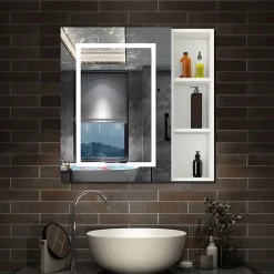 Armoire de toilette avec Miroir LED et Étagère Latérale, Anti-Buée, Éclairage 3 Couleurs + Prise USB, Blanc 80x70 cm