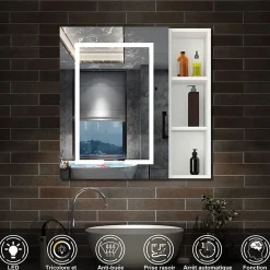 Armoire de toilette avec Miroir LED et Étagère Latérale, Anti-Buée, Éclairage 3 Couleurs + Prise USB, Blanc 80x70 cm