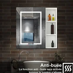 Armoire de toilette avec Miroir LED et Étagère Latérale, Anti-Buée, Éclairage 3 Couleurs + Prise USB, Blanc 80x70 cm