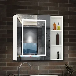 Armoire de toilette avec Miroir LED et Étagère Latérale, Anti-Buée, Éclairage 3 Couleurs + Prise USB, Blanc 80x70 cm