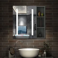 Armoire de toilette avec Miroir LED et Étagère Latérale, Anti-Buée, Éclairage 3 Couleurs + Prise, Anthracite 80x70 cm
