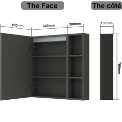 Armoire de toilette avec Miroir LED et Étagère Latérale, Anti-Buée, Éclairage 3 Couleurs + Prise, Anthracite 80x70 cm