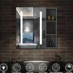 Armoire de toilette avec Miroir LED et Étagère Latérale, Anti-Buée, Éclairage 3 Couleurs + Prise, Anthracite 60x70 cm