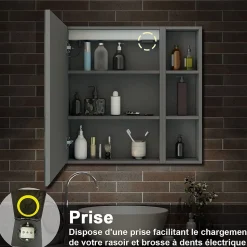 Armoire de toilette avec Miroir LED et Étagère Latérale, Anti-Buée, Éclairage 3 Couleurs + Prise, Anthracite 60x70 cm